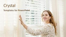  Presentation with curtains - Colorful PPT theme enhanced with big sunny window with shutter backdrop and a sky blue colored foreground