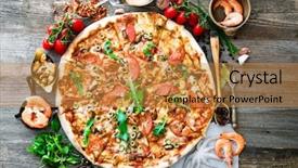  Presentation with seafood - Amazing slide deck having big tasty pizza with seafood backdrop and a gold colored foreground
