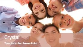  Presentation with kids room children smile - PPT theme having big team advertising - happy smiling children faces background and a coral colored foreground