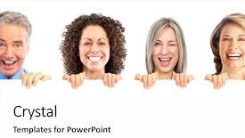  Presentation with advertising - Theme with big team advertising - smiling people holding a white background and a  colored foreground