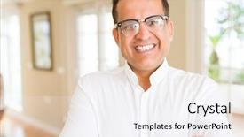  Presentation with glasses - PPT theme enhanced with big teeth senior smiles - middle age man wearing glasses background and a  colored foreground