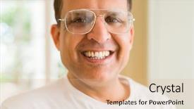  Presentation with elegant man in glasses optics - Colorful slide set enhanced with big teeth senior smiles - middle age man wearing glasses backdrop and a  colored foreground
