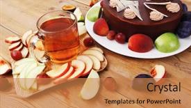  Presentation with table grape - Presentation theme with big whole frost chocolate cream brownie cake topped with white chocolate and cream flowers with hot tea cup decorated with fruits apple plum and grape on plate on wooden table background and a coral colored foreground