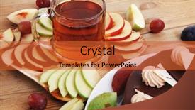  Presentation with table grape - Beautiful PPT layouts featuring big whole frost chocolate cream brownie cake topped with white chocolate and cream flowers with hot tea cup decorated with fruits apple plum and grape on plate on wooden table backdrop and a red colored foreground