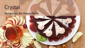  Presentation with table grape - Presentation theme featuring big whole frost chocolate cream brownie cake topped with white chocolate and cream flowers with hot tea cup decorated with fruits apple plum and grape on plate on wooden table background and a coral colored foreground