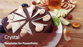  Presentation with table grape - Cool new presentation theme with big whole frost chocolate cream brownie cake topped with white chocolate and cream flowers with hot tea cup decorated with fruits apple plum and grape on plate on wooden table backdrop and a tawny brown colored foreground