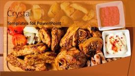  Presentation with companion - Slide deck with big wooden board with pork ribs and steaks baked in mustard sauce small sausages baked potato grilled tomatoes and onion hot sauce and horseraddish sauce preferably served as companion for beer background and a gold colored foreground