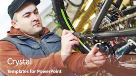  Presentation with mechanic - Colorful PPT theme enhanced with bike assembly - mechanic serviceman repairman installing assembling backdrop and a coral colored foreground