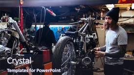  Presentation with motorcycle spare parts - Audience pleasing PPT theme consisting of bike assembly - side view portrait of bearded backdrop and a  colored foreground