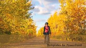  Presentation with fall foliage - Beautiful PPT theme featuring bike-autumn-ride-woman-biking backdrop and a gold colored foreground