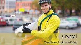  Presentation with courier bag - Audience pleasing presentation theme consisting of bike delivery - portrait of young male cyclist backdrop and a gold colored foreground