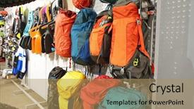  Presentation with stationary bicycle generators - Beautiful PPT theme featuring bike event - backpacks on bicycle exhibition backdrop and a  colored foreground