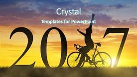  Presentation with new year - Presentation featuring bike event - cyclist with bicycle at sunset background and a ocean colored foreground