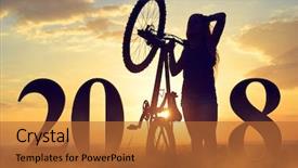 Presentation with 2018 - PPT layouts enhanced with bike event - girl with bicycle at sunset background and a red colored foreground