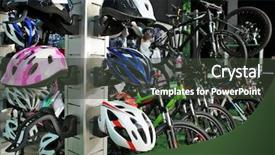  Presentation with stand strong - Amazing presentation having bike event - stand with helmets on bicycle backdrop and a tawny brown colored foreground