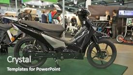  Presentation with exhibition - Slides featuring bike exhibition in showroom background and a tawny brown colored foreground