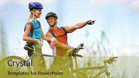  Presentation with black couple having fun - Cool new presentation with bike helmet - happy mountainbike couple outdoors have backdrop and a  colored foreground
