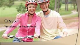  Presentation with active seniors senior couple - Audience pleasing PPT theme consisting of bike helmet - senior couple riding bicycle backdrop and a coral colored foreground