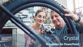  Presentation with maintenance - Cool new presentation theme with bike mechanic and customer looking at the bicycle that needs service and maintenance backdrop and a ocean colored foreground