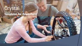  Presentation with maintenance - Audience pleasing slides consisting of bike mechanic and customer looking at the bicycle that needs service and maintenance backdrop and a coral colored foreground