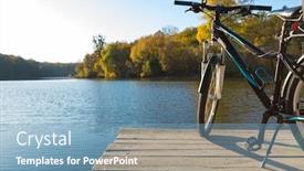  Presentation with bike - Colorful presentation design enhanced with bike on the river with a bag on the trunk backdrop and a teal colored foreground