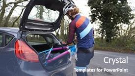  Presentation with cyclist - Slides having back of his car background and a ocean colored foreground