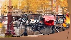  Presentation with canal - Slide deck enhanced with bike over canal amsterdam city autumn yellow leaf fall picturesque town landscape in netherlands with view on river amstel background and a yellow colored foreground