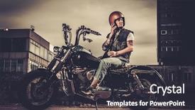  Presentation with motorcycle - Beautiful PPT theme featuring biker and his bobber style motorcycle on a city streets backdrop and a dark gray colored foreground