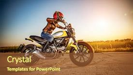  Presentation with leather - Slide set having motor bikes - biker girl in a leather background and a tawny brown colored foreground