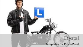  Presentation with drivers - PPT theme with biker-holding-a-drivers-learning background and a light gray colored foreground