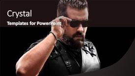  Presentation with camera - Audience pleasing presentation theme consisting of biker with sunglasses looking at the camera on black background backdrop and a wine colored foreground