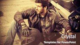  Presentation with man riding big bike motor - Slide deck featuring cruiser - sexy biker man wearing jeans background and a tawny brown colored foreground