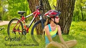 Presentation with cycling - Audience pleasing PPT theme consisting of bikes cycling girl girl rides bicycle girl in cycling sitting near bicycle cycling is good for health and mood cyclist dreamily looking into distance beautiful nature backdrop and a gold colored foreground