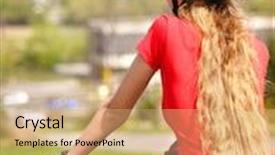  Presentation with cycling - Beautiful presentation theme featuring bikes cycling girl wearing helmet backdrop and a coral colored foreground