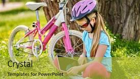  Presentation with electric motor bikes - PPT theme featuring bikes cycling girl wearing helmet background and a  colored foreground