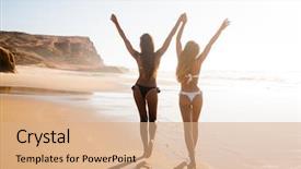  Presentation with walking - Slide deck with bikin walking on the beach background and a coral colored foreground