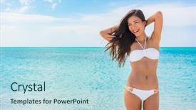  Presentation with weight loss woman showing - Beautiful presentation theme featuring bikini body woman on beach backdrop and a light blue colored foreground