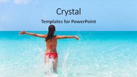  Presentation with summer at the beach - Audience pleasing PPT layouts consisting of bikini girl running in free backdrop and a light blue colored foreground
