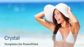  Presentation with space race - PPT theme with bikini girl wearing sun hat background and a sky blue colored foreground