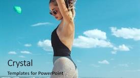  Presentation with slim body - Slide deck enhanced with monokini - beautiful model in bikini posing background and a light blue colored foreground