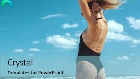  Presentation with slim body - Amazing PPT theme having monokini - beautiful model in bikini posing backdrop and a light blue colored foreground