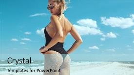  Presentation with slim body - Slide set consisting of monokini - beautiful model in bikini posing background and a light blue colored foreground