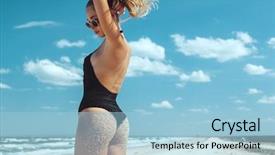  Presentation with slim body - Beautiful slide deck featuring monokini - beautiful model in bikini posing backdrop and a light blue colored foreground