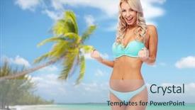  Presentation with young happy people smiling - Beautiful slide deck featuring bikini swimsuit doing fist pump backdrop and a  colored foreground