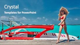  Presentation with sad woman walking - Beautiful slide set featuring bikini walking on wooden jetty backdrop and a teal colored foreground