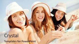  Presentation with shells beach summer holiday - Audience pleasing slides consisting of bikinis sunbathing on the beach backdrop and a  colored foreground