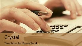  Presentation with financial accounting - Theme consisting of financial accounting business woman using calculator in office background and a coral colored foreground