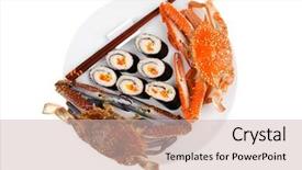  Presentation with salmon dish - Theme featuring bile - japanese traditional cuisine - california background and a  colored foreground