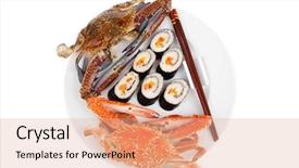  Presentation with salmon dish - Presentation theme consisting of bile - maki sushi maki rolls background and a coral colored foreground