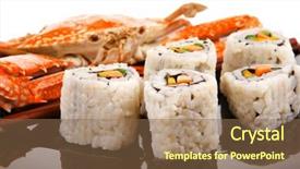  Presentation with salmon dish - Theme featuring bile - sushi maki roll with vegetables background and a  colored foreground